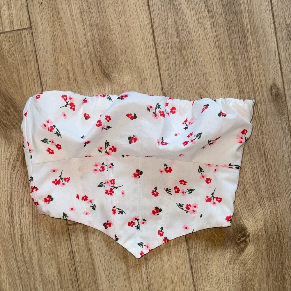 PRINCESS POLLY Floral Print White Bustier Corset Style Crop Tube Top - Picture 2 of 4